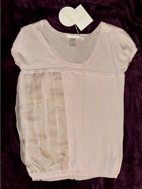 Chloé Pale Pink Short Sleeve Cashmere and Silk Pleated Blouse